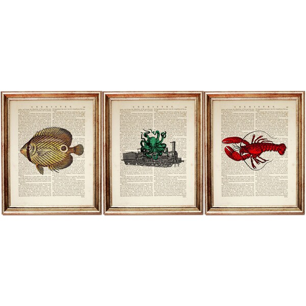 Set of 3 Ocean Life Dictionary Art Prints, Nautical Wall Decor, Red Lonster Poster, Green Octopus on Locomotive Artwork, Fish Wall Hanging
