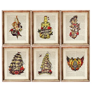 Stampa di Sailor Jerry, set di 6 stampe, stampa artistica del dizionario di Sailor Jerry, poster del tatuaggio della nave, set di 6 stampe del tatuaggio