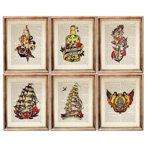 Sailor Jerry Print, Set of 6 Prints, Sailor Jerry Dictionary Art Print, Ship Tattoo Poster, Tattoo Print Set of 6