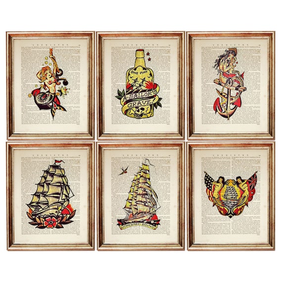 Sailor Jerry Print, Set of 6 Prints, Sailor Jerry Dictionary