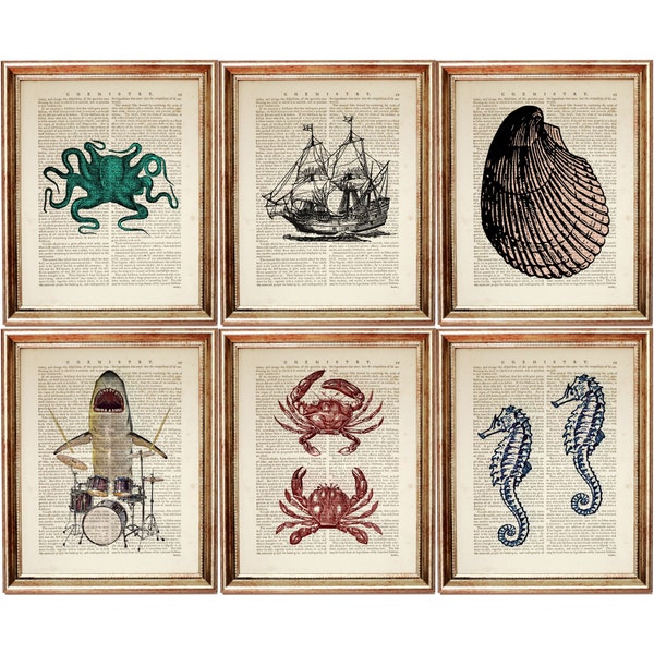 Set of 6 Underwater Art Prints, Nautical Dictionary Art Print Set, Sea Shell Poster, Octopus Book Page Decor, Sailing Ship Wall Hanging