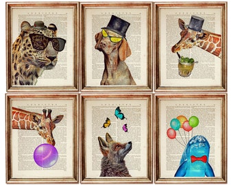 Set di 6 stampe di animali divertenti, stampe da parete originali