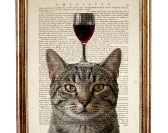 Stampa artistica di un gatto con un bicchiere di vino, divertente decorazione murale con un gatto, stampa di una pagina di libro vintage, divertente decorazione per la cucina o il bar, regalo per gli amanti dei gatti