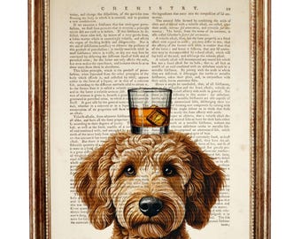 Brown Goldendoodle with Bourbon Glass Dictionary Art Print, Dog Whiskey Wall Art, Funny Pet Portrait Wall Decor, Bar Art