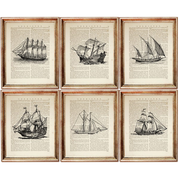 Ensemble de 6 estampes de voiliers, impression d’art de dictionnaire nautique, œuvres d’art de navire, décoration murale de navire, impression de voile 5x7 et 8x10