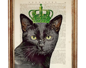 Stampa artistica di gatto nero con corona, decorazione da parete con ritratto di animale domestico, dizionario vintage, illustrazione di felino reale, poster del re dei gatti