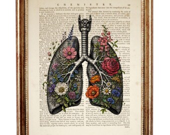 Lámina artística del Diccionario del Pulmón Humano, Arte mural de anatomía floral, Póster de página de diccionario médico vintage, Decoración mural botánica