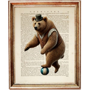 May include: A vintage illustration of a brown bear wearing a top hat and a vest, balancing a blue ball on its nose. The bear is standing on a page of an old book with text about chemistry.