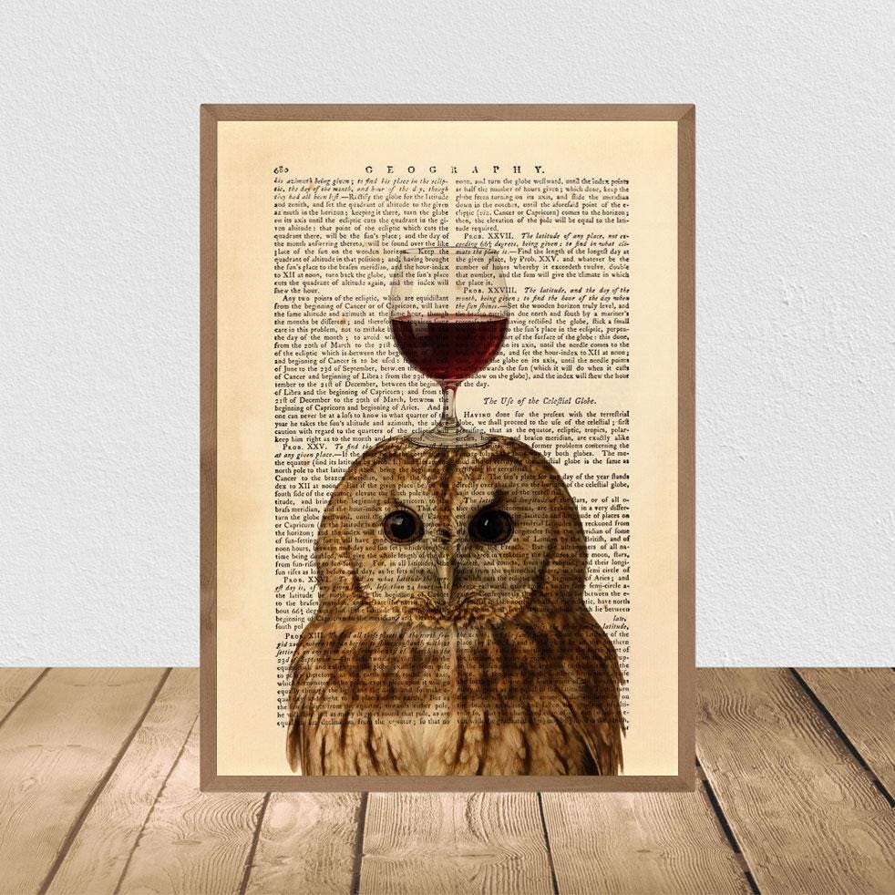 Owl With Wine Glass Dictionary Art Print, Vintage Kitchen Poster