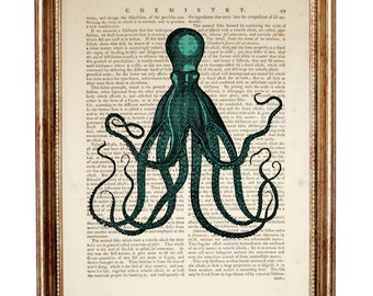 Octopus Artwork, Octopus Print Art, Octopus Wall Decor, Underwater Dictionary Art Print Ocean Life Poster, Sea Life Print