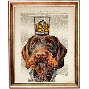Deutsch Drahthaar mit Bourbon Glas Lexikon Kunstdruck, Hund mit Glas auf dem Kopf Poster, Hunde Portrait Illustration