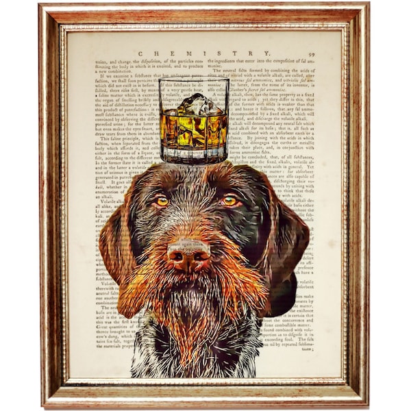 German Wirehaired Pointer with Bourbon Glass Dictionary Art Print, Dog with Glass on it's Head Poster, Dog Portrait Artwork