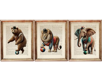 Set di 3 stampe di animali da circo, stampa artistica di dizionario vintage: orso, leone, elefante