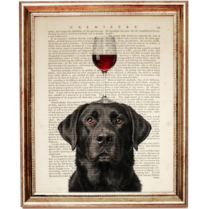 May include: Framed print featuring a black Labrador Retriever with a wine glass balanced on its head. The background is a vintage book page with the word "CHEMISTRY" at the top. The frame is gold-colored.