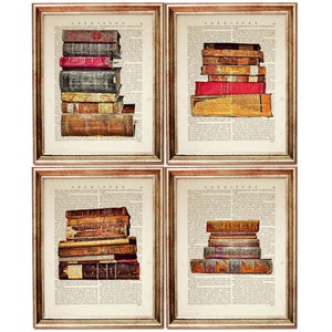 Set of 4 Prints, Book Stack Print Set of 4, Book Lover Print, Book Lover Gift Set, Book Dictionary Art Print, Stack Poster