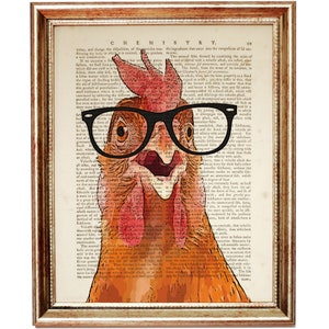 Hahn Wörterbuch Kunstdruck, Huhn mit Brille Wandkunst, Hahn Kunstwerk, Lustiges Tier Buch Seite, Hahn Poster Vogel