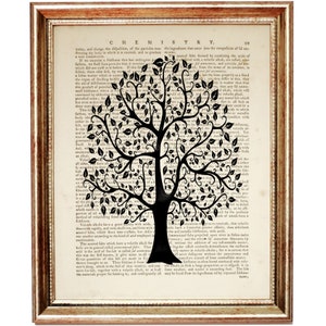 Baum des Lebens Kunstdruck, Schwarz-Weiß-Baum Illustration Vintage-Wörterbuch Seite, Minimalistische Natur Wanddekoration, Wohnzimmer Poster