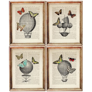 Juego de 4 impresiones: globo aerostático con mariposas, decoración de pared, libro de diccionario de dirigibles, juego de arte mural de dirigibles