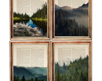 Set of 4 Prints, Forest Wall Art Green Forest Poster Set, Nature Trees Dictionary Art Print, Foggy Mountain Art, Misty Lake
