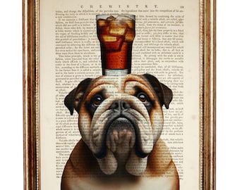 Impresión artística de bulldog inglés, perro con diccionario de vidrio, retrato divertido de perro, decoración de pared de bulldog, regalo para amantes de las mascotas, póster de animales