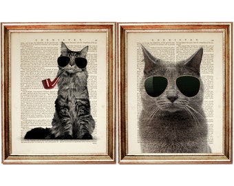 Set di stampe artistiche con dizionario di gatti fantastici, decorazione da parete con gatto e occhiali da sole