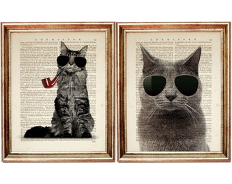 Set of 2 Cat Nursery Prints, Funny Animal Wall Art, Cat Wearing Glasses Poster, Whimsical Cat with Sunglasses Artwork Duo