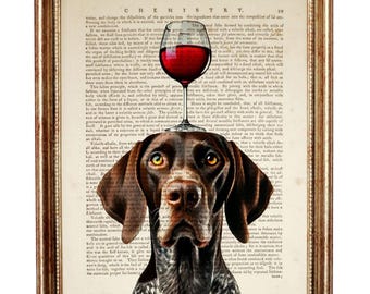 German Shorthaired Pointer with Wine Glass Vintage Dictionary Print, Funny Dog Wall Decor, Wine Lover Gift, Bar Wall Art