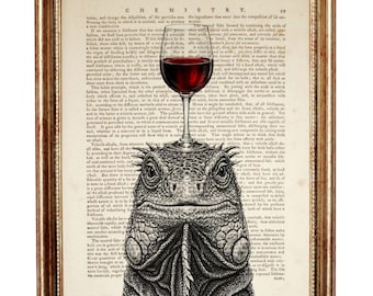 Iguana With Red Wine Glass Dictionary Art Print, Vintage Book Page Wall Art, Funny Animal Poster, Kitchen Or Bar Decor