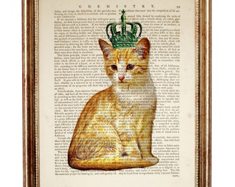 Katzen Wanddekor, Katzen Portrait Wörterbuch Kunstdruck, Katze mit Krone Poster, Katzen Kinderzimmer Dekor, Katzen Kunstwerk, Katze Kunstdruck