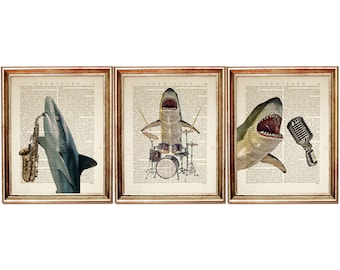 Set of 3 Wall Art, Shark Wall Art Set, Shark Playing Drums Dictionary Art Print, Shark Playing Saxophone Poster, Singing