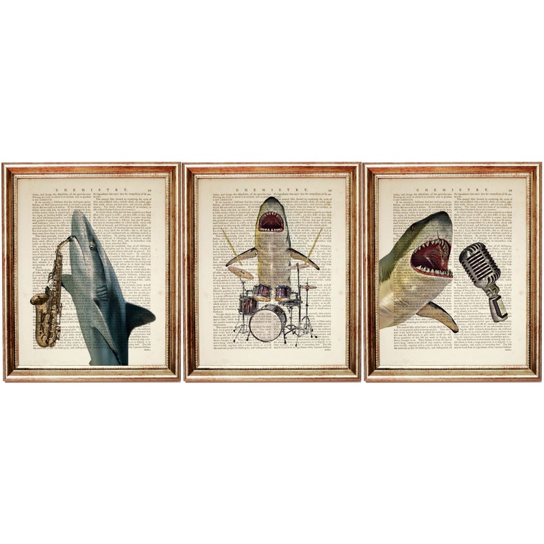 May include: Three framed prints featuring a shark playing musical instruments. The first print shows a shark playing a saxophone, the second shows a shark playing a drum set, and the third shows a shark singing into a microphone.