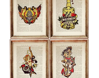 4er-Set Prints, Sailor Jerry Wandkunst, Sailor Jerry Druck, Sailor Jerry Poster, Sailor Jerry Wörterbuch Kunstdruck