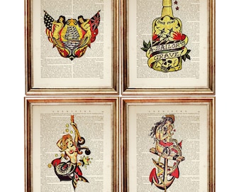 Set of 4 Sailor Jerry Tattoo Art Prints, Nautical Home Decor, 8x10 Dictionary Page