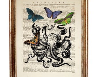 Octopus and Butterflies Art Print, Vintage Dictionary Nautical Decor