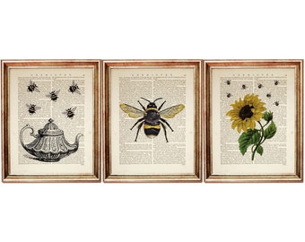 Set of 3 Wall Art, Bumble Bee and Sunflower, Festive Unique Tea Pot with Bee Dictionary Art Prints, Flower Botanical Poster