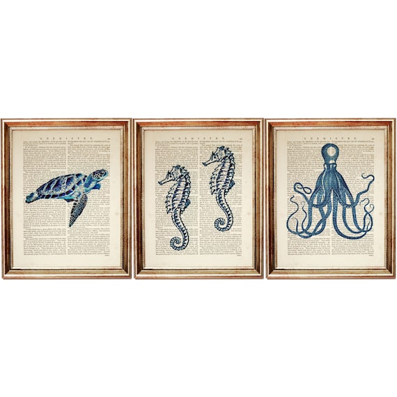 Set of 3 Sea Life Print, Seahorse Poster, Octopus Wall Decor, Turtle Artwork, Nautical Dictionary Art Print, Ocean Life Art