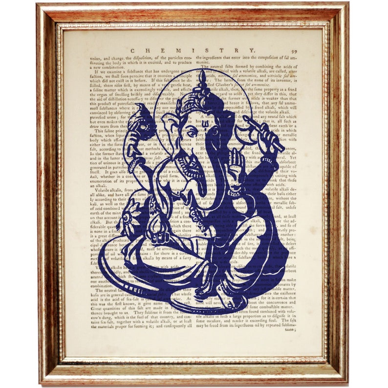 Kobaltblau Ganesh Wanddekor, 4er Set Drucke, Ganesha Wandkunst, Wörterbuch Kunstdruck, Hindu Kunstwerk Hindu Gott Wandbehang Bild 3