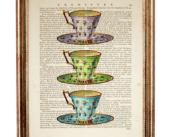 Teacup Set Wall Art, Tea Party Dictionary Art Print, Kitchen Wall Decor, Drinkware Poster, Cup Wall Hanging, Tea Drinking