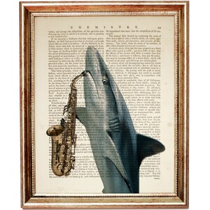 May include: A vintage book page with a blue shark playing a gold saxophone. The text on the page is from a book about chemistry.
