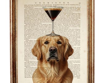 Golden Retriever with Espresso Martini Print, Dog Wall Art, Dog Portrait Dictionary Page, Dog Lover Gift, Retro Bar Decor