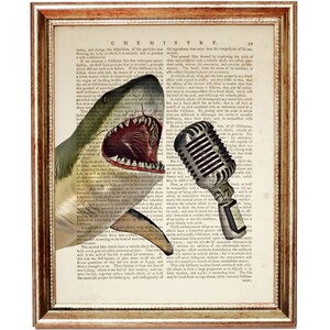 May include: A vintage-style illustration of a shark's head with an open mouth, superimposed on a page from an old book about chemistry. A vintage microphone is positioned in front of the shark's mouth, as if the shark is about to speak.