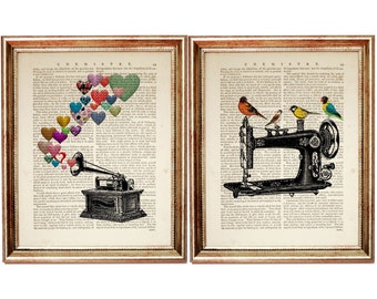 Set of 2 Art Prints, Gramophone Print, Sewing Machine Wall Art, Vintage Sewing Machine with Birds Dictionary Art Print