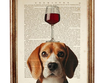 Stampa di un beagle con bicchiere di vino, poster in stile dizionario, regalo per amanti dei cani