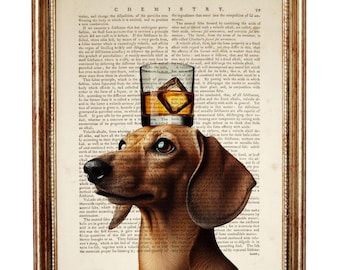 Impresión artística de diccionario de perro salchicha con vaso de bourbon, regalo para amantes de los perros, retrato de mascota, decoración de pared, arte de pared de bar, póster de bourbon