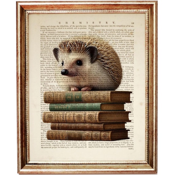 Hedgehog on Books Dictionary Art Print, Smart Animal Wall Decor, Hedgehog Lover Gift, Book Lover Artwork, Rustic Home Decor