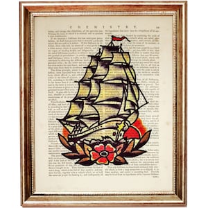Sailor Jerry Wall Decor, Sailor Jerry Ship Poster, Sailor Jerry Dictionary Art Print, Flash Tattoo Ship Artwork