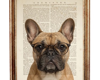 French Bulldog Dictionary Art Print, Dog with Eyeglasses Portrait Wall Art Poster