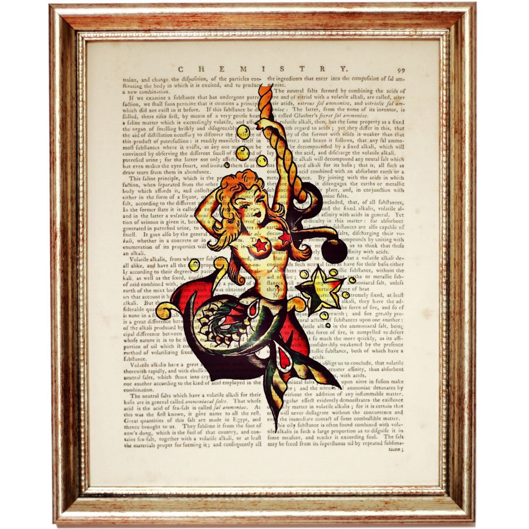 Sailor Jerry Dictionary Art Print, Tattoo Flash Mermaid Art Print