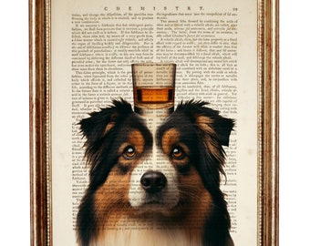 Puede incluir: Un perro pastor australiano marrón y negro con un vaso de líquido ámbar delante de él. El perro está mirando directamente al espectador. La imagen está impresa en una página de libro vintage con el texto "CHEMISTRY" en la parte superior.