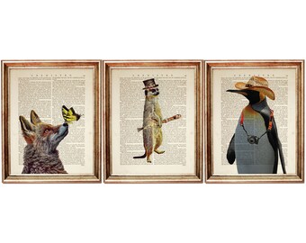 Set di 3 stampe artistiche di dizionario di animali, poster di volpe, suricato e pinguino